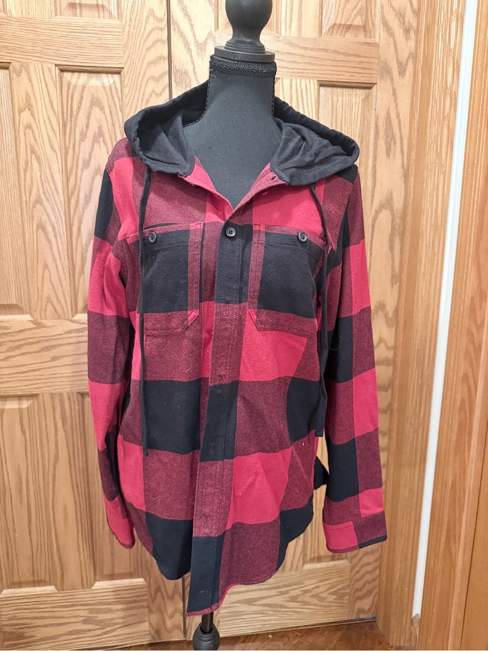 Original Use Red and Black Plaid Hooded Utility Jacket